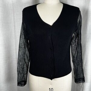 Kenar Cardigan Sweater Women's Medium‎ Black V-Neck Lace Sleeve Missing Button